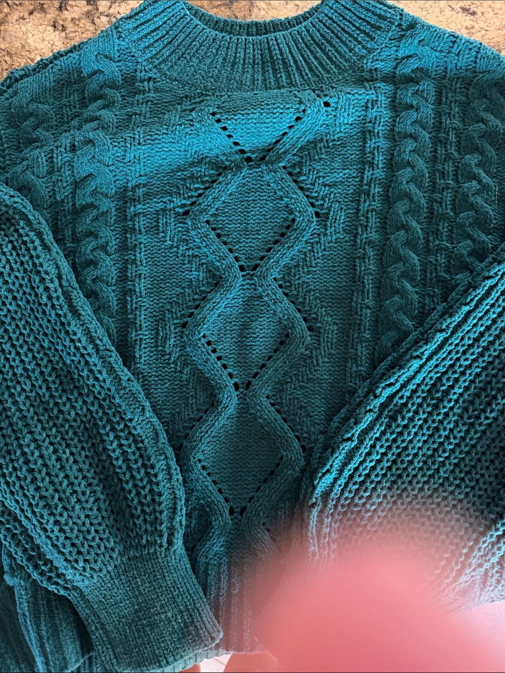 No Boundaries Women's Cable Knit Crew Sweater in Teal